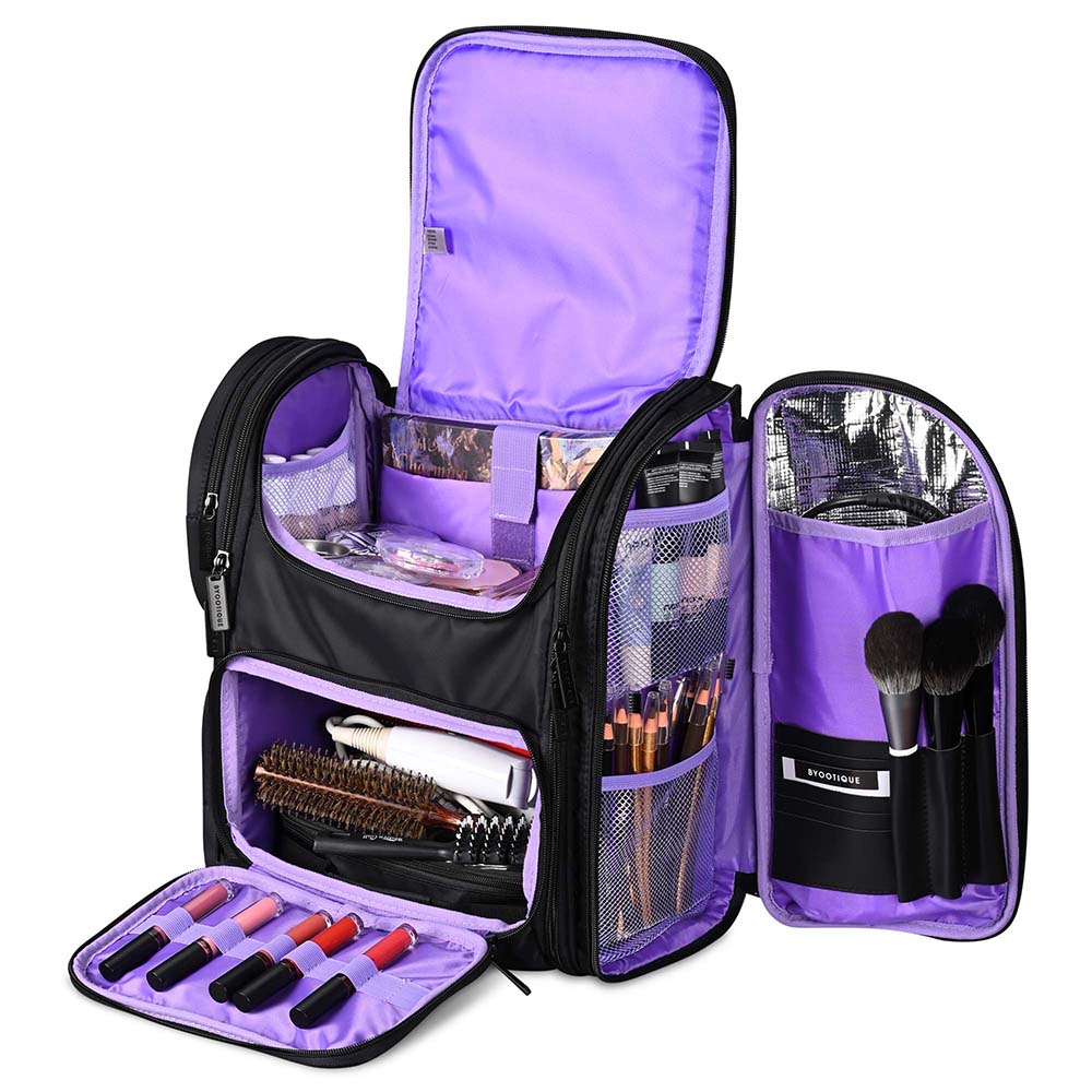 Byootique Essential Pro Makeup Backpack with Compartments Black Purple Byootique Essential Pro Makeup Backpack with Compartments Black Purple