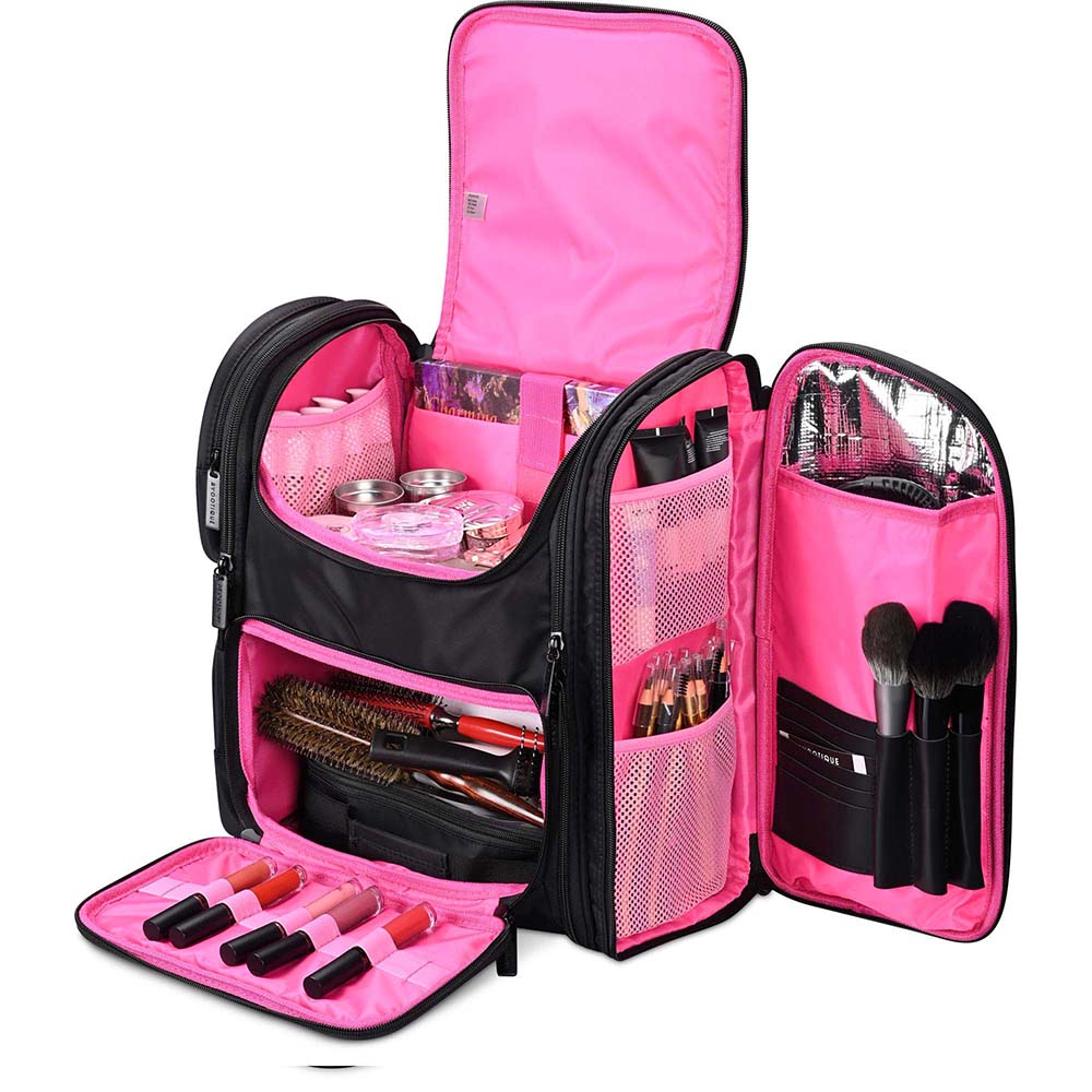 Byootique Essential Pro Makeup Backpack with Compartments Black Barbie Pink