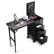 Rolling Black Manicure Table & Makeup Desk - Portable, Foldable & Secure Black