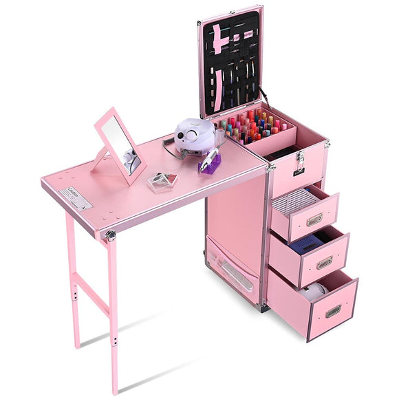 Byootique Rolling Manicure Table Workstation Pink Lefty & Righty