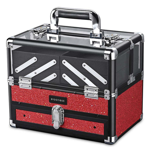 MassLux 2-Tier Makeup Case Clear Top Cosmetic Box Glittered Red Red