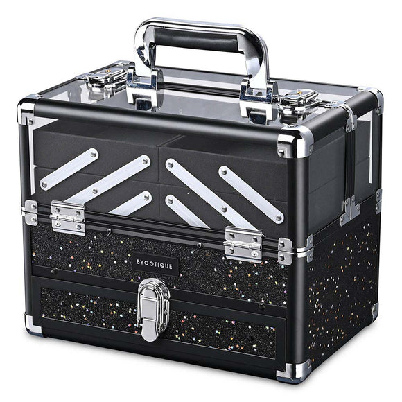 Byootique MassLux 2-Tier Makeup Case Clear Top Cosmetic Box Glittered Black