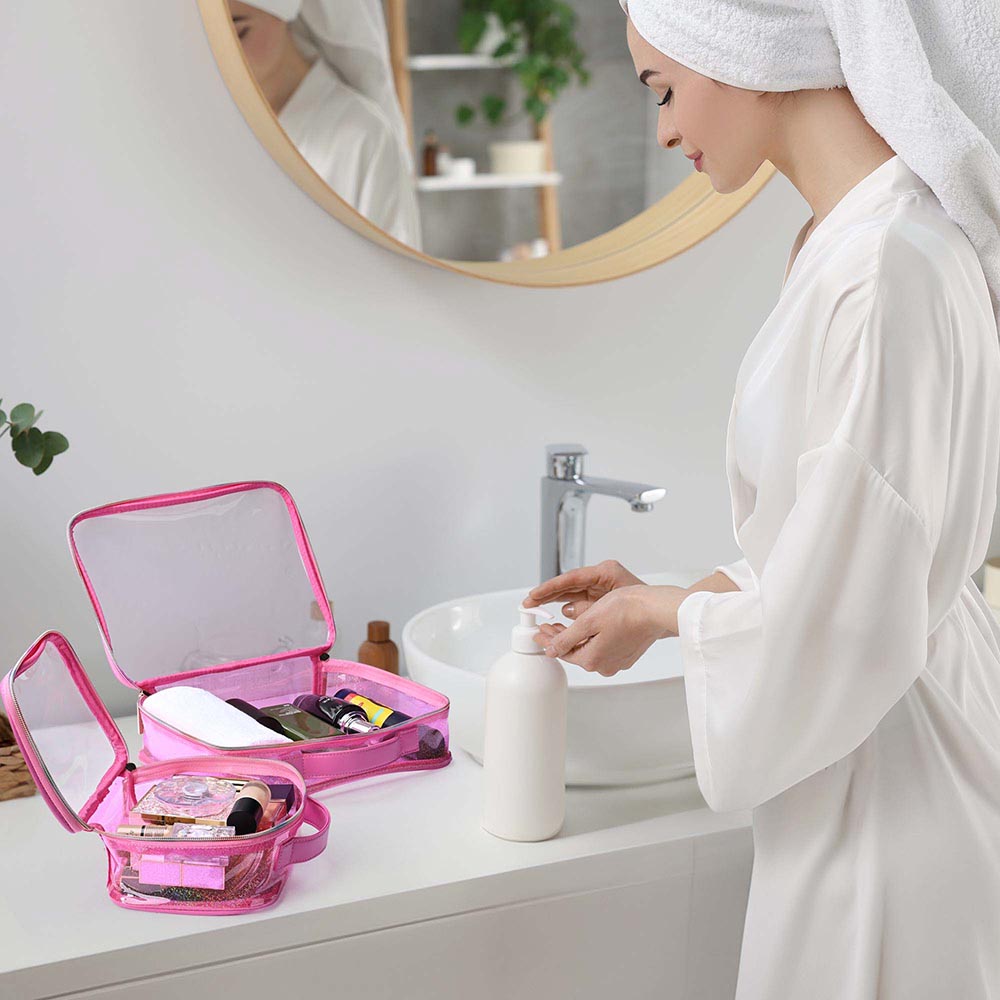 clear travel toiletry bag set Byootique Gloss Makeup Bags Pink Clear Travel Toiletry Bag Set(2)