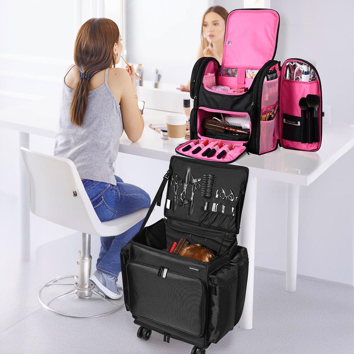 best makeup artist travel bag Byootique Fuhold Cosmetology Rolling Case & Hair Tool Travel Bag