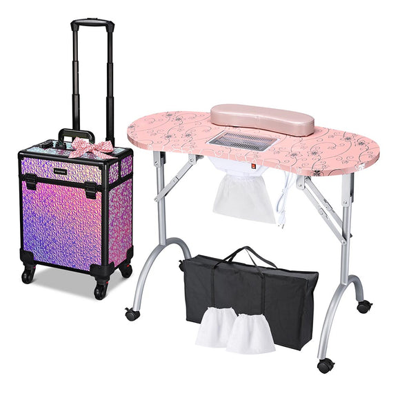 Portable Manicure Table+Rolling Makeup Case Medium