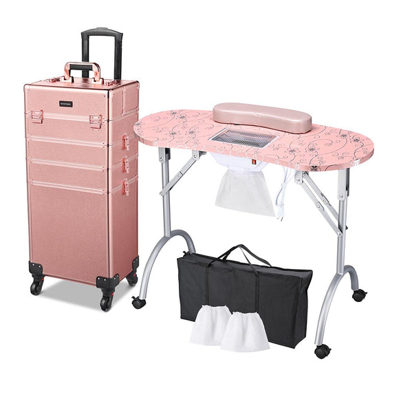 Byootique Portable Manicure Table+4in1 Rolling Makeup Case Pink