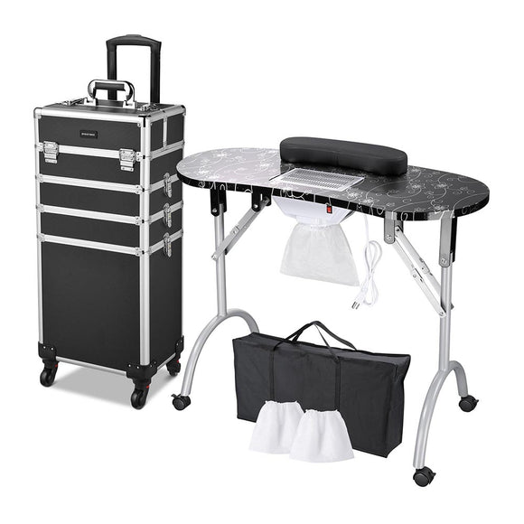 Byootique Portable Manicure Table+4in1 Rolling Makeup Case Black