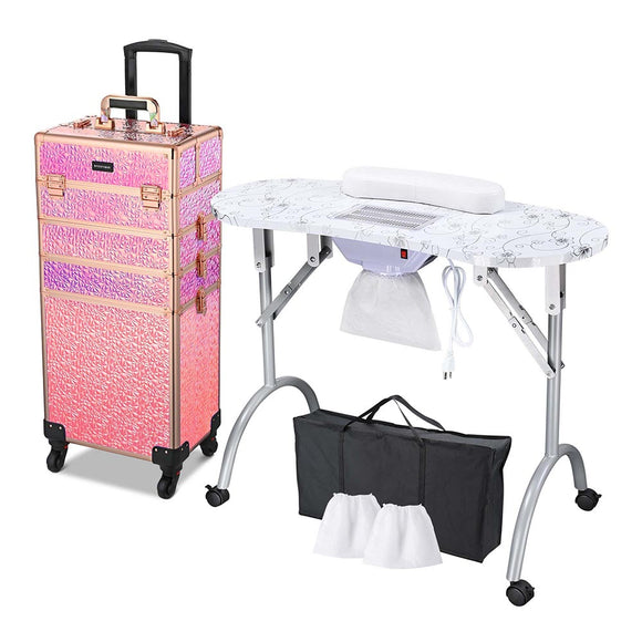 Byootique Portable Manicure Table+4in1 Rolling Makeup Case White